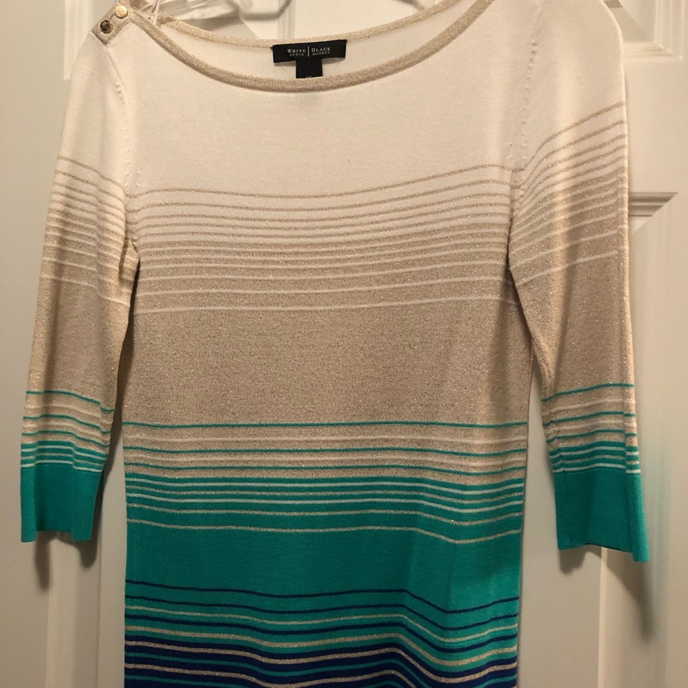 White House Black Market Cream and Teal Striped Sweater